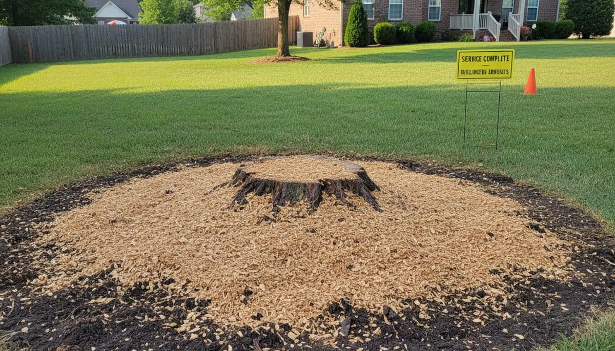 Finished stump grinding after shrub removal in Burlington, NC with wood chips and leveled soil