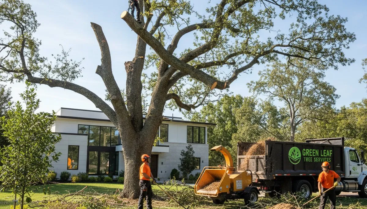 Professional landscaping team trimming trees in Burlington, NC for Chop Chop Tree services
