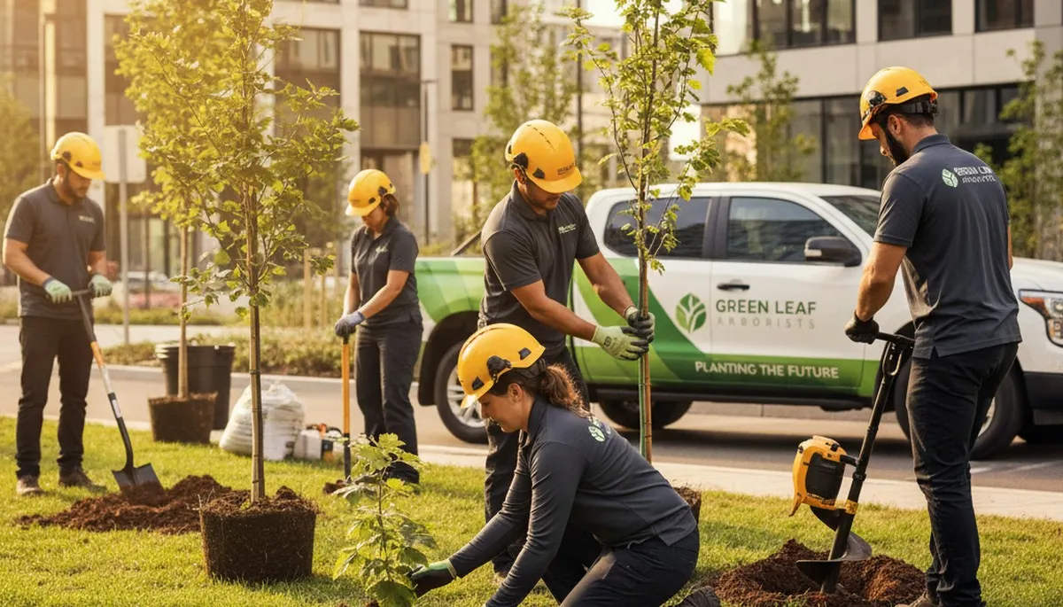 Arborist planting young tree in Burlington, NC yard for Chop Chop Tree planting service