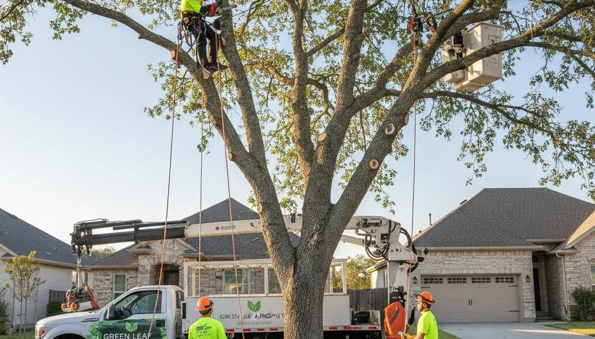 Arborist pruning oak tree branches in Burlington, NC for Chop Chop Tree professional tree care