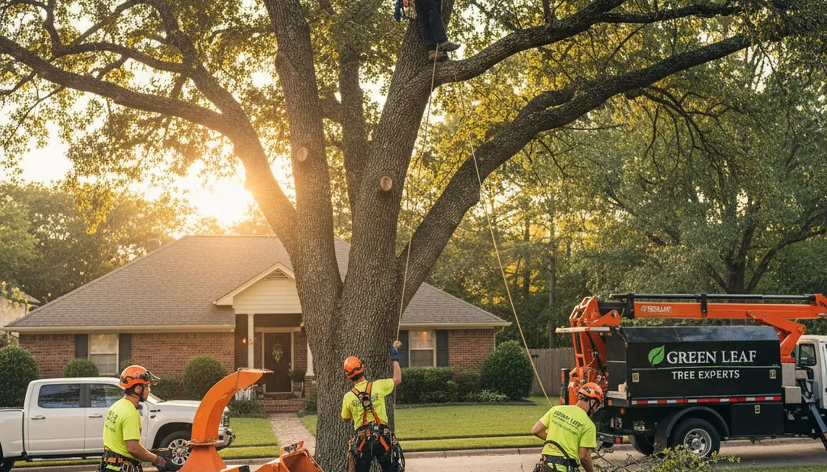 Professional tree removal crew trimming oak tree in Burlington, NC for Chop Chop Tree service