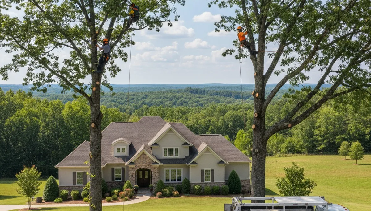 Professional tree removal service crew working in Burlington, NC backyard