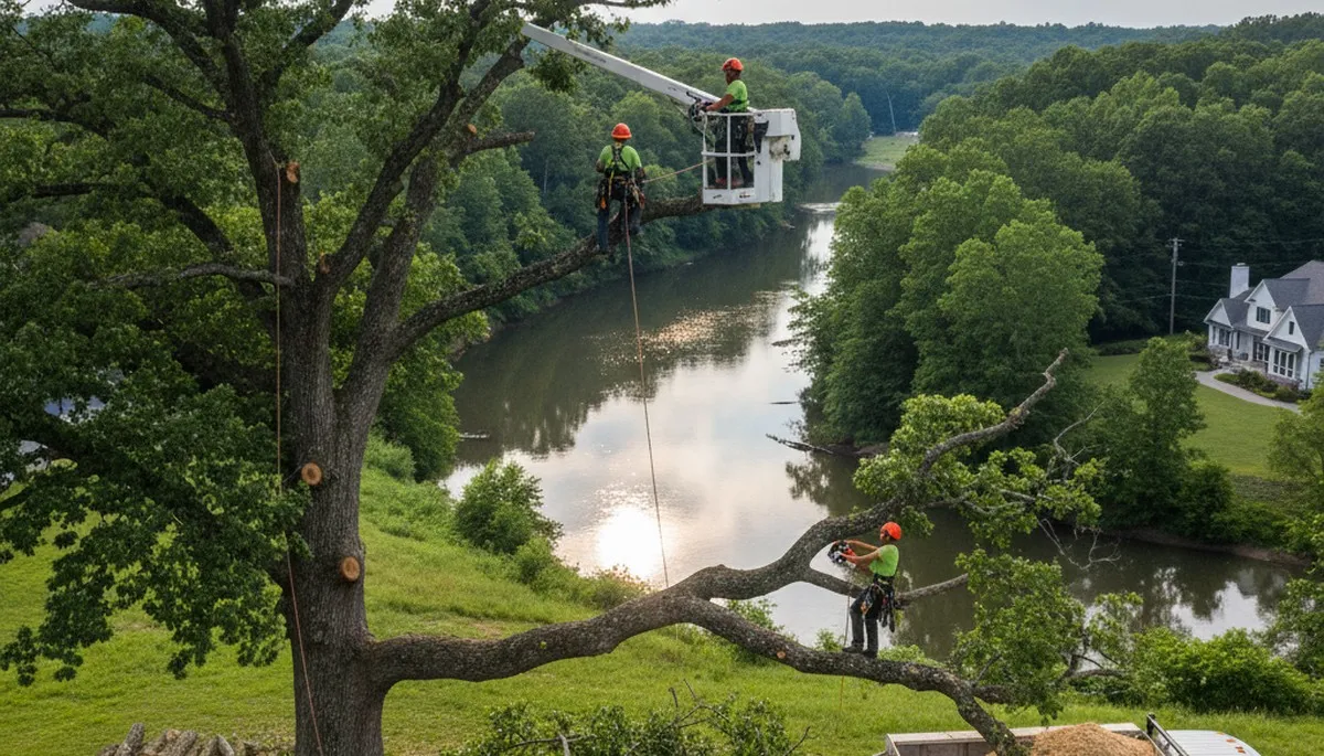 Professional tree removal service in Burlington, NC safely cutting damaged oak tree