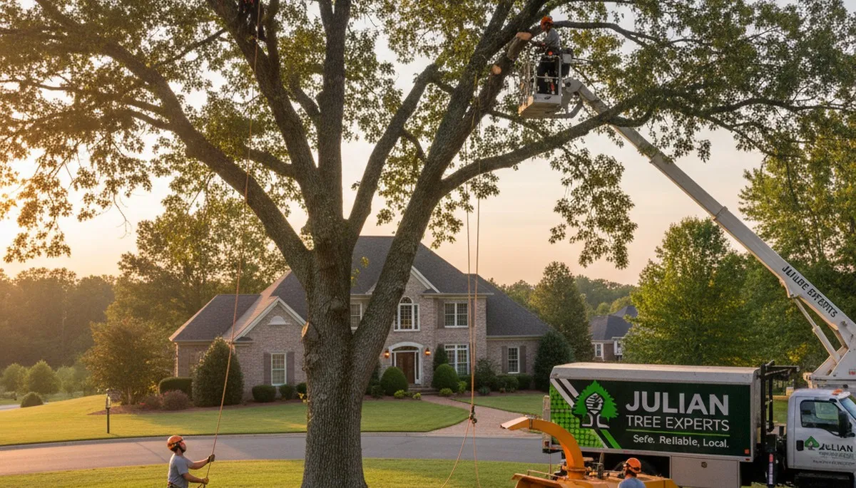 Professional tree removal service in Burlington, NC safely cutting large oak tree