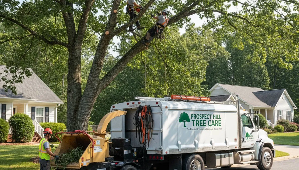 Professional tree removal service in Burlington NC safely cutting down large oak tree
